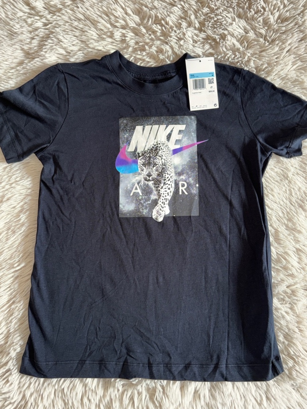NWT Boys Medium Nike Black Graphic Tee with Purple & Blue Swoosh and Leopard